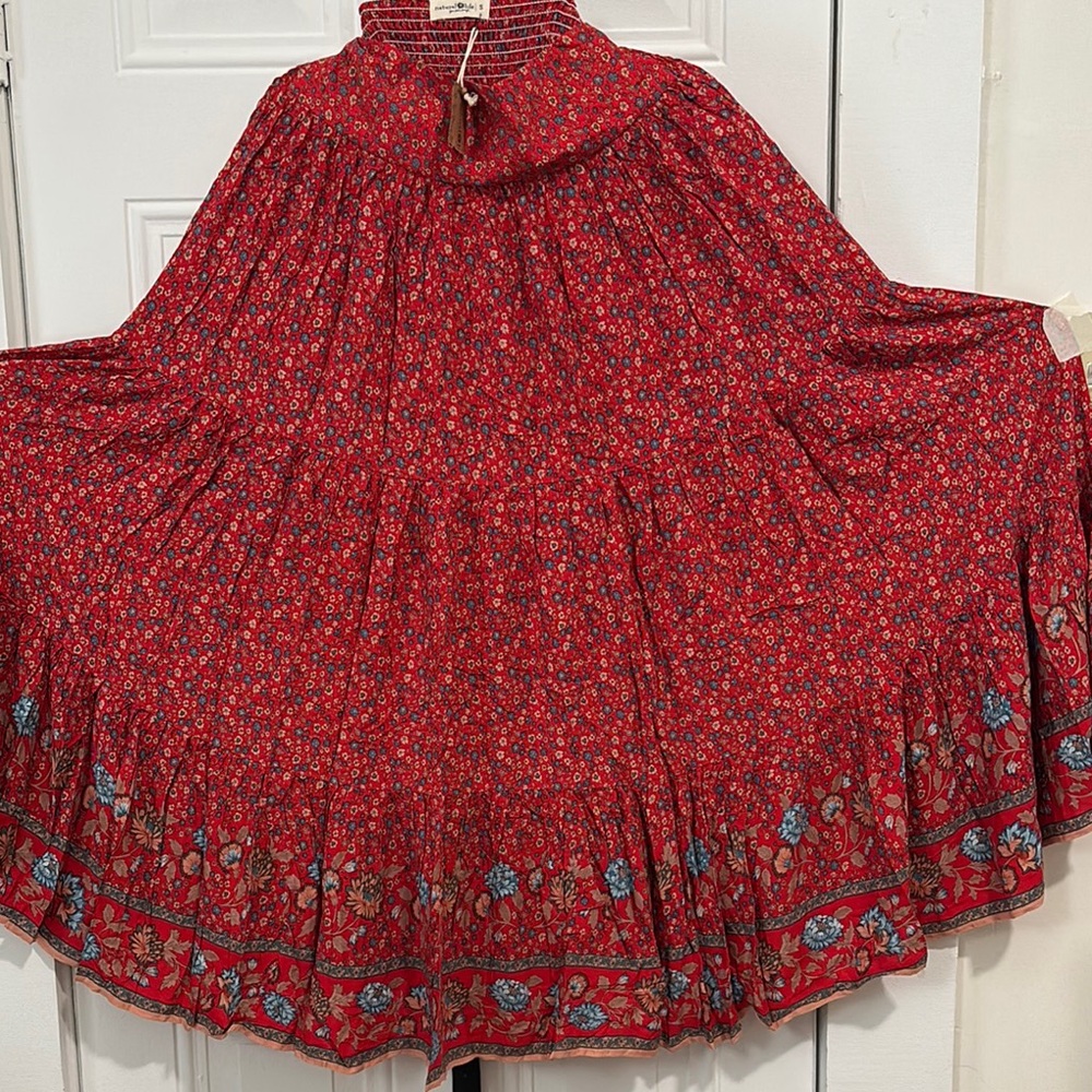NATURAL LIFE Red Maxi A-Line Skirt with Tiered Pleats